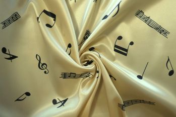 Deadstock Designer Music Notes Printed Satin - Cream