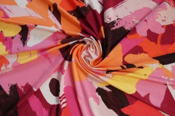 Ex Hobbs Deadstock Designer Viscose Jersey Artistic Paint-Brush Print - Red/Pink/Coral