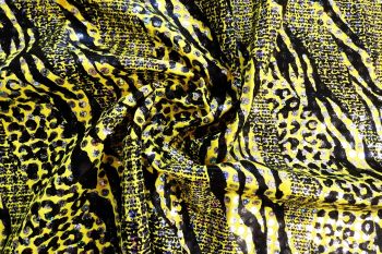 Ex Deadstock Designer Sparkly Animal Printed Jersey With Sequins - Yellow/Black/Silver