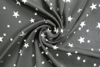 Ex Monsoon Deadstock Designer Crinkled Sheer Georgette in Black With Printed Silver Lurex Stars
