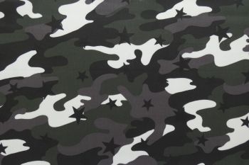 Ex Designer Deadstock Pure Cotton Drill Camouflage & Star Print - Green/Grey/White