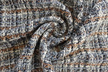 Ex Hobbs Designer Deadstock Multi-Coloured Chanel-Style Tweed Boucle - Tan/Blue/Cream
