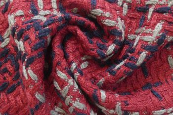 Ex Hobbs Deadstock Designer  Chunky Textured Wool Mix Jacketing with a Stitched Check - Ruby Red