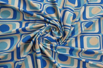 Ex Hobbs Deadstock Designer Luxury Stretch Jersey Geometric Shapes Digital Print - Blue