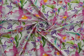 Ex Hobbs Deadstock Designer Luxury Stretch Jersey Watercolour Floral Digital Print - Fuchsia/Lilac